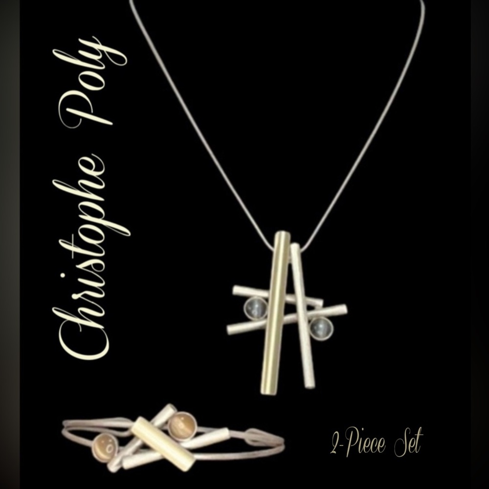 CHRISTOPHE POLY Modernist Mixed Metal Cats Eye Stones Cuff Bracelet and Necklace